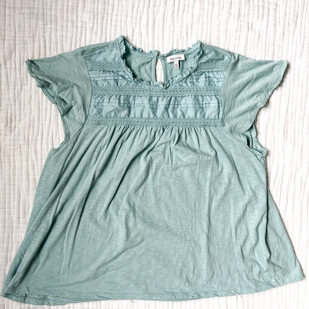 Ella Moss Lace Trim Blouse XL Green Boho Flutter Sleeve Top